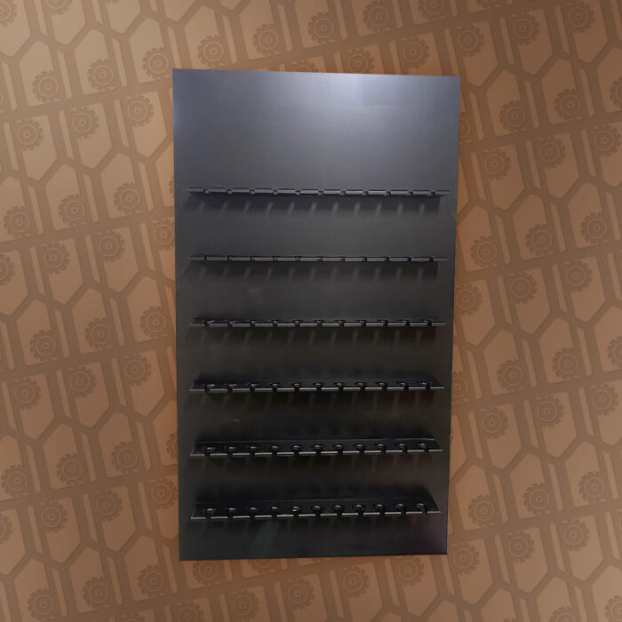 black rectangular champagne wall with flute holder shelves
