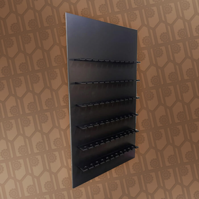 black champagne wall with fluted shelves, view from right